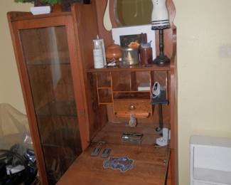 Oak Secretary display cabinet with drop front desk and BEVELED mirror....desk shown open