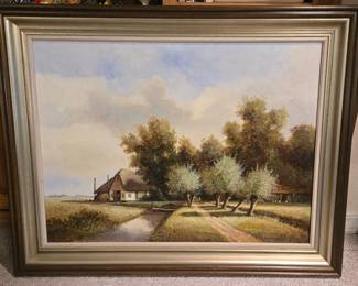 This vintage farmhouse landscape painting captures rural countryside scenery in warm earth tones with a pastoral, unhurried composition. Country landscape paintings with this kind of handcrafted authenticity are popular wall art for farmhouse-style interiors and traditional home décor. A charming original piece for collectors of rural landscape art or anyone decorating in a classic American style.