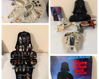 This Star Wars lot centers on a Darth Vader head-shaped carrying case with fitted trays holding roughly two dozen action figures, plus a Millennium Falcon playset, an X-wing fighter, a snowspeeder, and additional vehicles. Also included is a copy of The Empire Strikes Back Storybook with Vader on the cover. Figures and vehicles show play wear, and completeness of accessories isn't confirmed — a substantial lot for a vintage Star Wars collector.