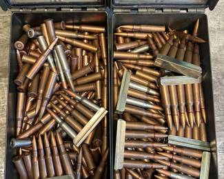 These two military-style ammo cans are filled with 7.62x39 ammunition pre-loaded on stripper clips (for the Mosin-Nagant lot), with the distinctive red primer sealant of Eastern Bloc military surplus. Stripper-clipped 7.62x39 bulk ammo is a practical and collectible find for owners and milsurp enthusiasts looking for range ammo or display ammunition. Comes with both steel ammo cans.