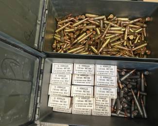 These military surplus ammo cans contain Yugoslav M67 7.62mm ammunition, with loose rounds in the top can and factory-packed 15-round boxes in the lower can labeled in Cyrillic. Eastern European 7.62x39 surplus ammunition like this M67 ball is popular with AK shooters and milsurp collectors looking for corrosive or non-corrosive bulk ammo. Sold with the ammo cans included — a practical and collectible lot.