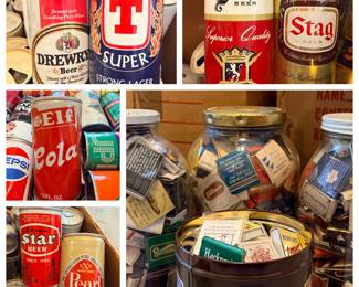 This lot combines vintage beer cans and soda cans — Drewrys, Stag, Pearl, Star Beer, Elf Cola, and Pepsi among those visible — with large glass jars and tins packed full of matchbooks and matchboxes from assorted businesses. The cans show the flat-top and pull-tab graphics collectors look for, with wear and patina throughout. A dense lot of mid-century advertising material for breweriana and matchbook collectors.