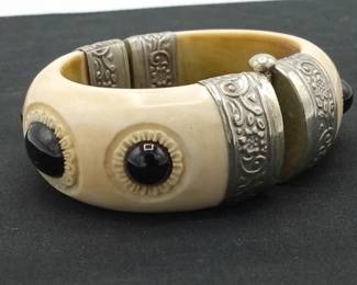 Vintage Carved Ivory And Onyx Cuff Bracelet Jewelry- Made in China