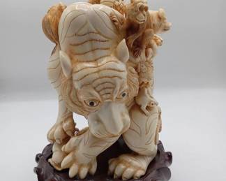 Vintage Chinese Carved Ivory- Tiger With Zodiac Animals