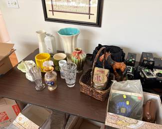 Vintage vases, cameras, cigar boxes