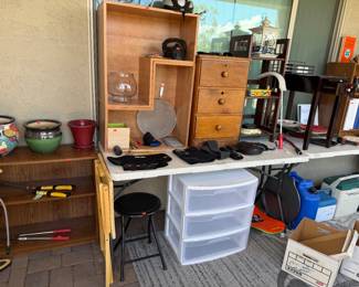 Pots, clippers, glass bowls, small stool, lanterns