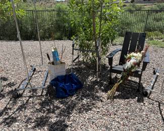 Fire pit, clothes rack, outdoor chairs, tools