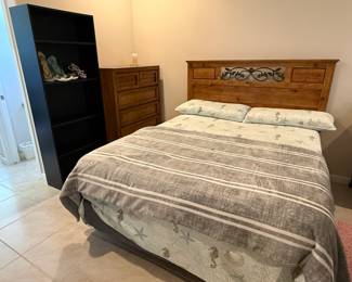 Queen size mattress and headboard, dresser and bookshelves, bedding sold seperately