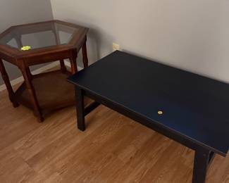 Hexagonal wood end table with glass top