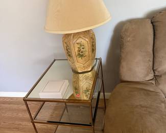 Pair of glass and metal three-tier side table with pair of antique lamps