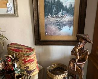 31. Large Wooden Carving, Baskets, Painting