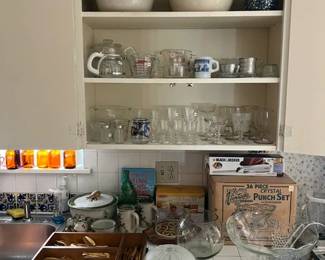 59. Kitchen: Crockery, Glass cups, Flatware, Punch Bowl
