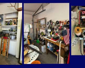 106. Garage: More Tools, Patriotics, & Misc. Cords & tools.