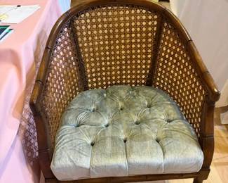Vintage Hollywood Regency-Style Bamboo Woven Cane Barrel Armchair w/Tufted Sage Green Velvet Cushion