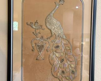 Embroidered Framed Hand-Crafted Peacock 