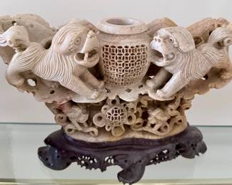 Chinese Carved Soapstone Foo Lion Incense Burner