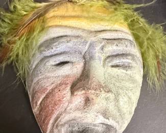 Artisanal Decorative Clay Face Mask with Feathers