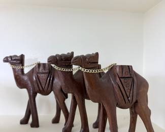 Vintage Hand Carved Olive Wood Camel Figurines with Chains