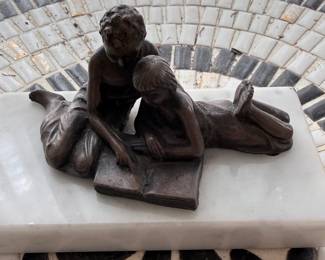 Bronze Children Reading Sculpture on Marble Base