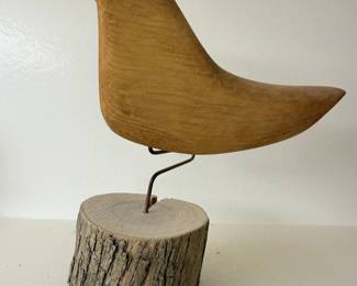 Hand Carved Wood Bird Sculpture on Log Base