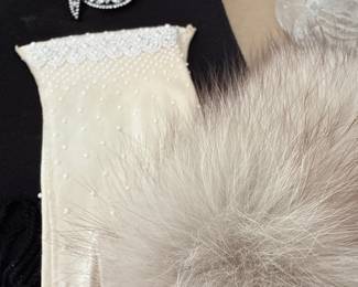 Vintage Rhinestone Brooch and Beaded Evening Gloves with Feather Trim