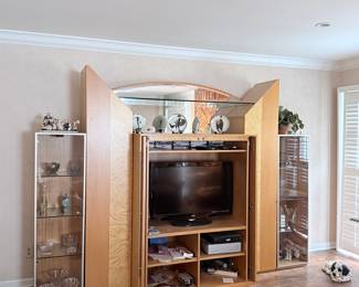 Postmodern Light Wood Entertainment Wall Unit with Curio Cabinets