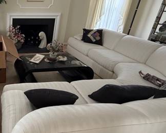 Vintage Curved Sectional Sofa - Tone-on-Tone Stripe Upholstery