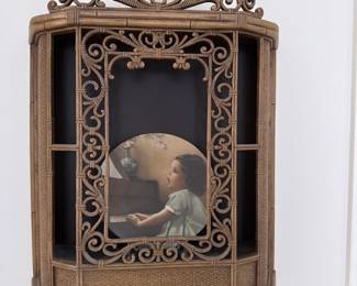 Vintage SYROCO Faux Bamboo Wall Curio Shelf with Decorative Plaque