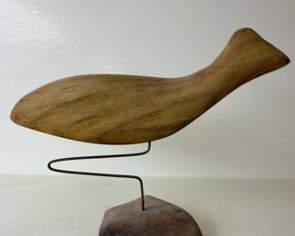 Mid-Century Modern Abstract Wood Bird Sculpture on Wire Stand
