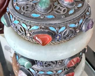 Chinese Export Silver, Jadeite, and Semi-Precious Stone Trinket Box