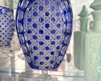 Bohemian Cobalt Blue Cut-to-Clear Crystal Vase with Diamond and Punty Cuts