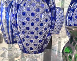 Bohemian Cobalt Blue Cut-to-Clear Crystal Vase with Diamond and Thumbprint Cutting