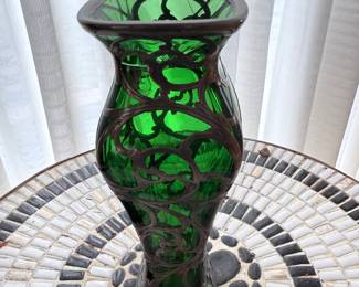 Alvin Sterling Silver Overlay Emerald Green Glass Vase