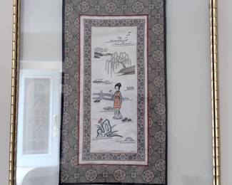 Vintage Chinese Silk Embroidery Panel with Woman and Willow Tree