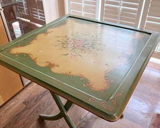 Vintage Italian-Style Hand-Painted Floral X-Frame Card Table