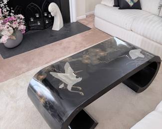 Karl Springer Style Chinoiserie Crane Lacquer Waterfall Coffee Table