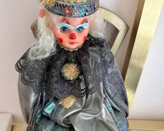 Vintage Porcelain Clown Doll with Iridescent Costume