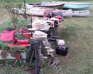 Meyers 12’ aluminum boat, 15’ Mirrocraft aluminum boat, Alumicraft canoe, 9.9hp Johnson Sea Horse outboard motor, 4hp Johnson seahorse outboard motor, 18hp Johnson seahorse outboard motor, 3hp Johnson seahorse outboard motor, Shakespeare trolling motor, Minn Kota trolling motor