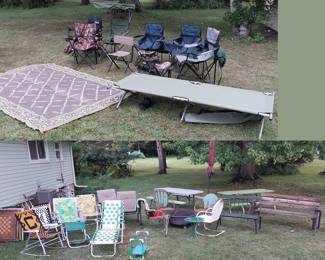 lawn chairs, Lifetime picnic table, wooden picnic table, camp chairs, cot, outdoor rug, fire pit, swing bench, umbrella