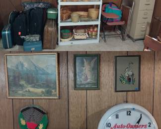 Corunna advertising clock, baskets, file cabinet, luggage
