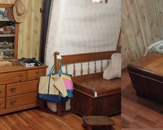 Carolina furniture works dresser and chest of drawers, queen bed with wooden headboard, coat trees, cedar chest, 5 drawer chest of drawers
