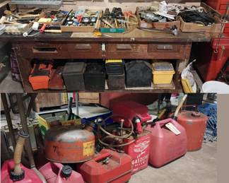 gas cans, tool boxes, tools