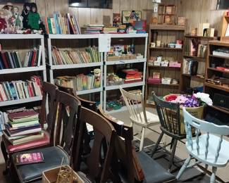 wooden chairs, books, games, puzzles, Avon dolls