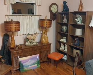 Zenith cabinet style record player and radio, cypress lamps, mid century stool, end tables, 1930 Oahu guitar, crock