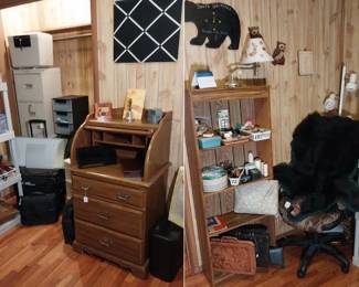 roll top desk, file cabinets, office chair, bear