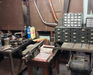 parts bins, 6" jointer, table saw, work bench, solder irons, torches