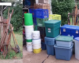 garden tools, storage totes, buckets, crates