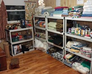 quilts, chenille bedspreads, wool blankets, sheets, towels, rugs, tablecloths, purses, vintage hats, cologne