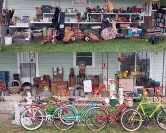 Hood’s Soda crate, M&S crate, Borden’s milk crates, buckets, primitive crates, milk can, galvanized, primitive cans crates, Schwinn bikes, Huffy, vintage tricycle, Radio flyer wagon, vintage sleds, bird feeders, planters, sprayers, Coleman lanterns, Coleman fuel and camp stoves, coolers, storage chests, propane, camp cookware, thermos, deer blinds, deer cart