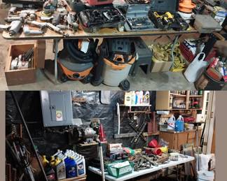Rigid shop vacs, gang box, floor jacks, bottle jacks, jack stands, ramps, router, multi tool, pneumatic tools, Sawzall, scroll saw, motor oil 